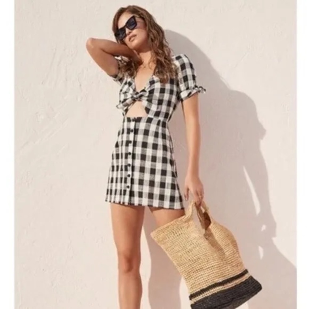 Bec & Bridge Tartine V-Neck Tie Mini Dress Black Gingham US Size 2 - AU Size 6